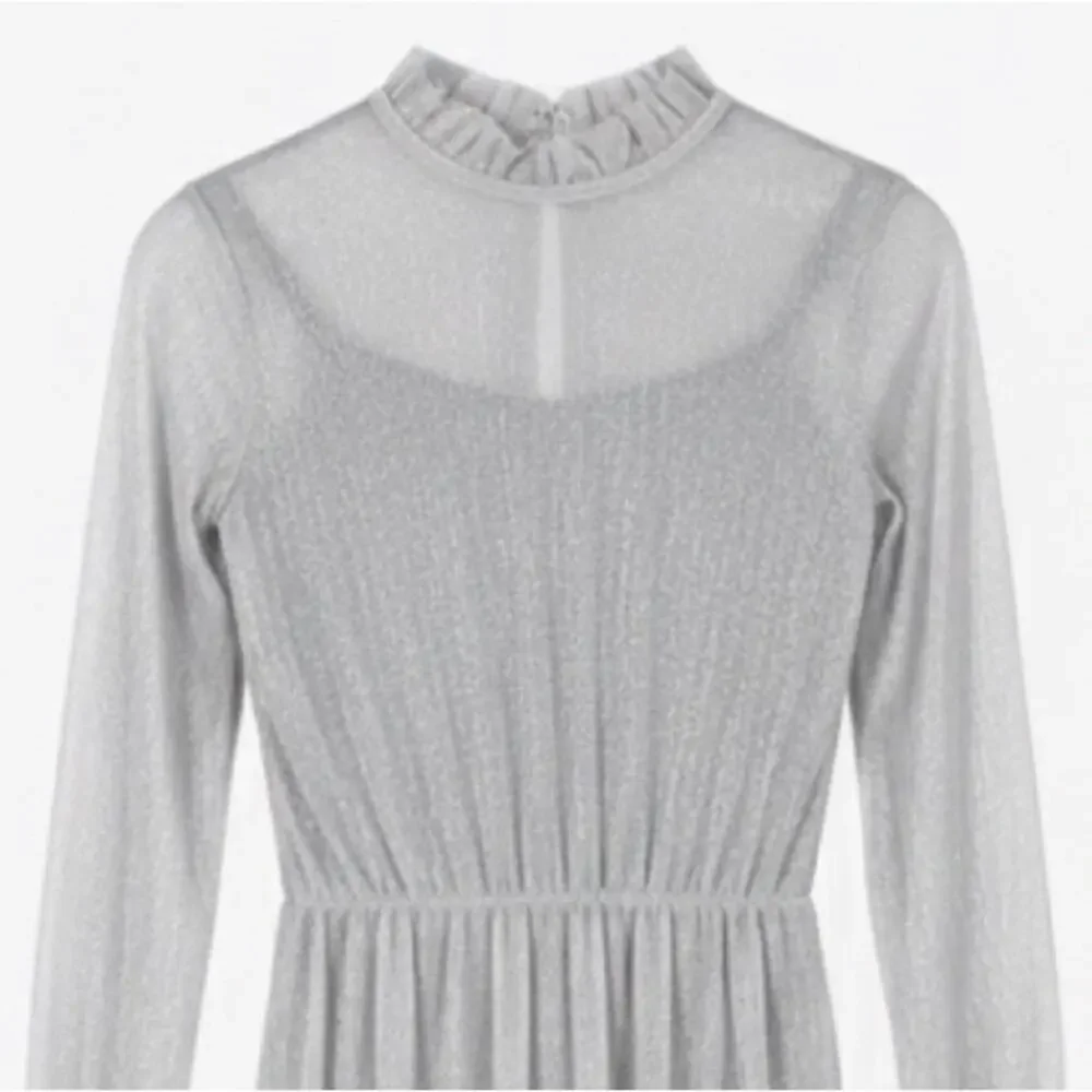 Double Platinum Silver Glitter sheer Mesh Long Sleeve Lyrical Dance Dress NWT